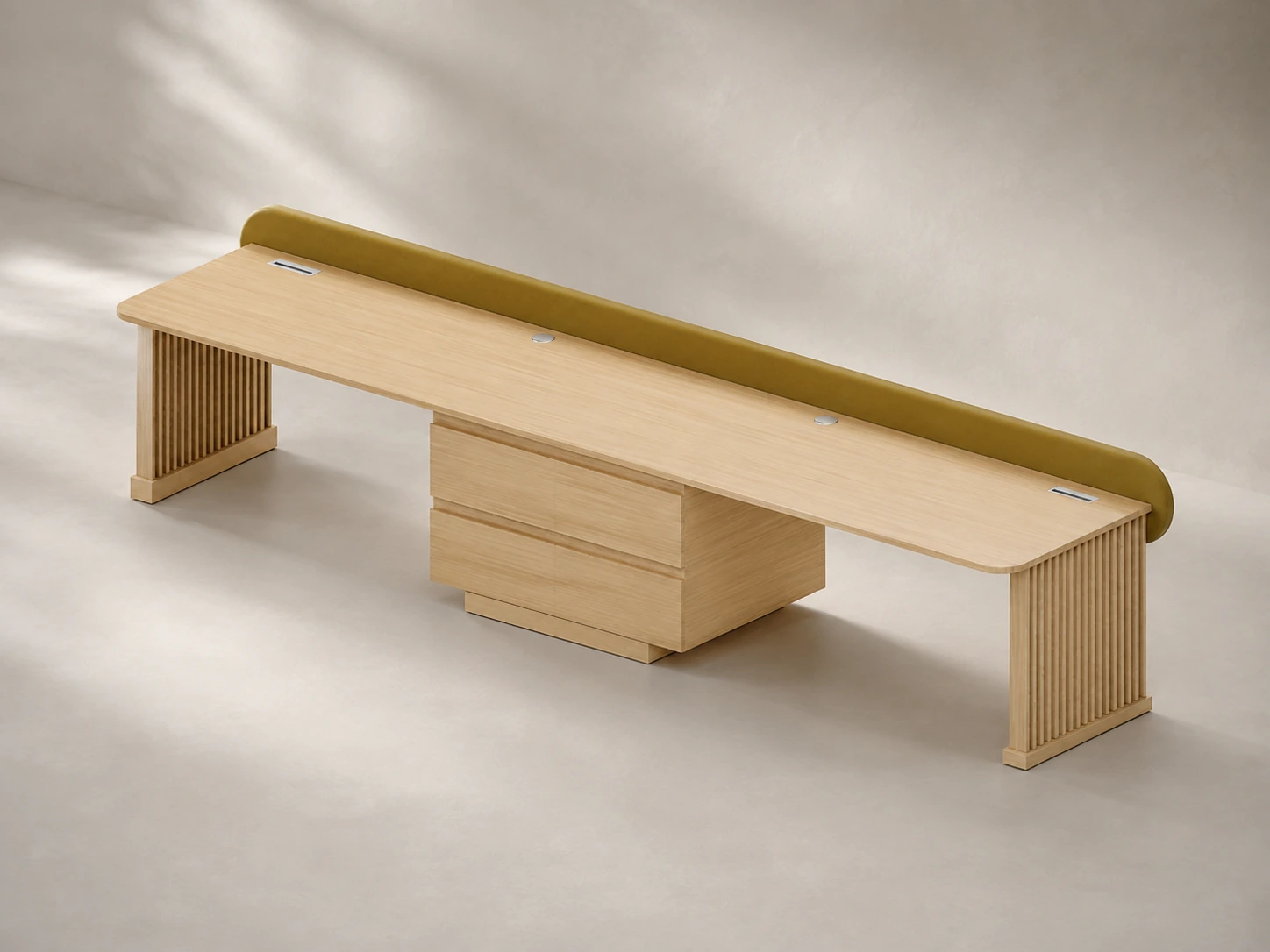 CAD-visualisatie van Bureau Duo met een afgerond werkblad, ladeblok en scheidingspaneel.