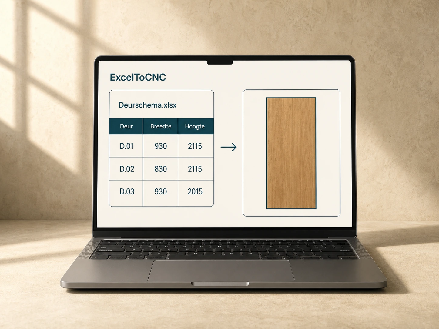 Projectvisualisatie van ExcelToCNC op een laptop: een deurschema wordt een visueel deurvoorbeeld.