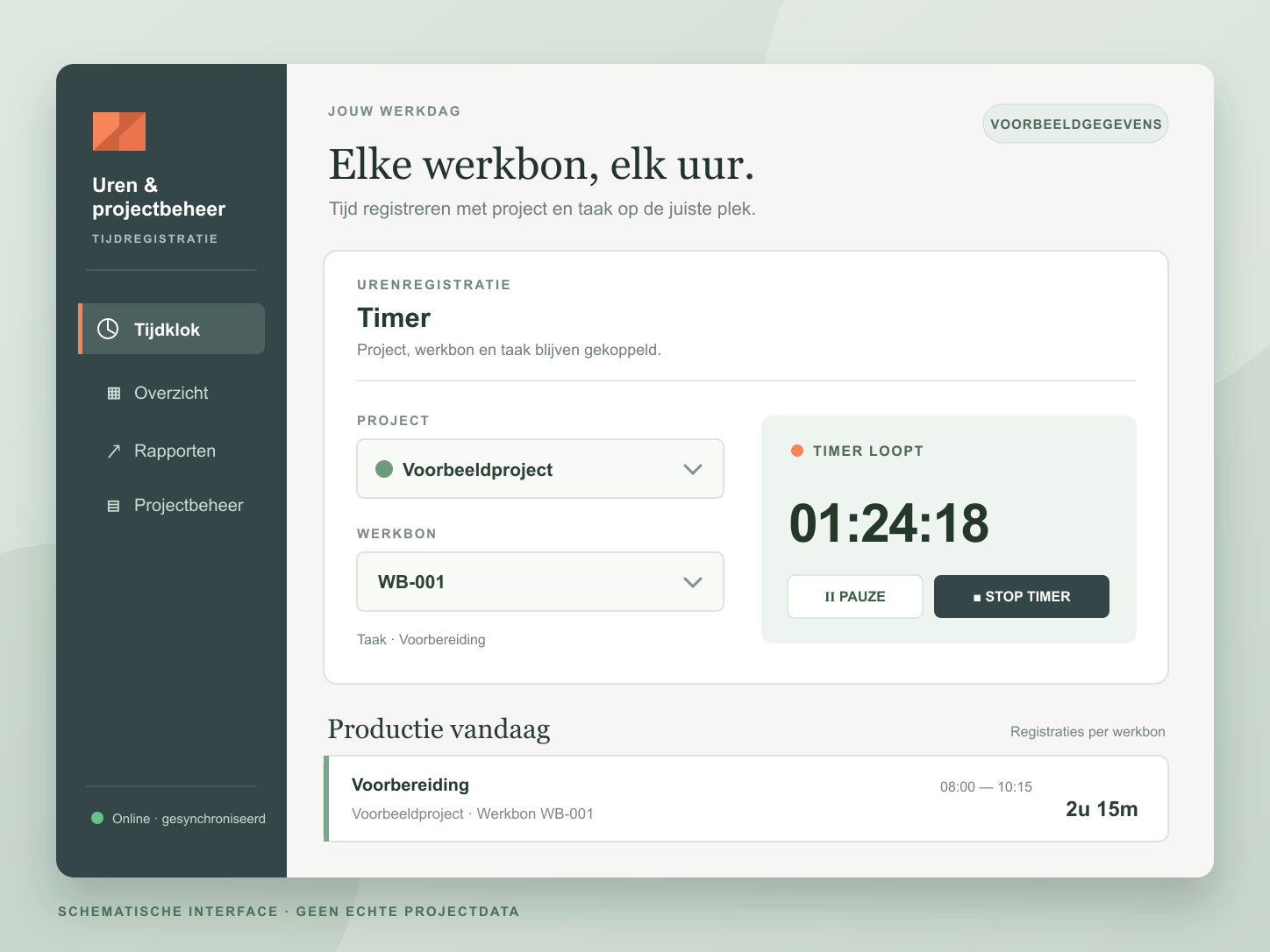 Schematische urenapp met voorbeeldproject, werkbon, gekoppelde taak, timer en een registratieoverzicht.